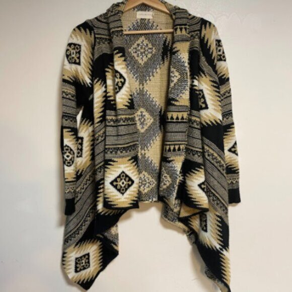 Dreamers Black Tan White Aztec Print Women's Open Cardigan Sweater M - Picture 2 of 11